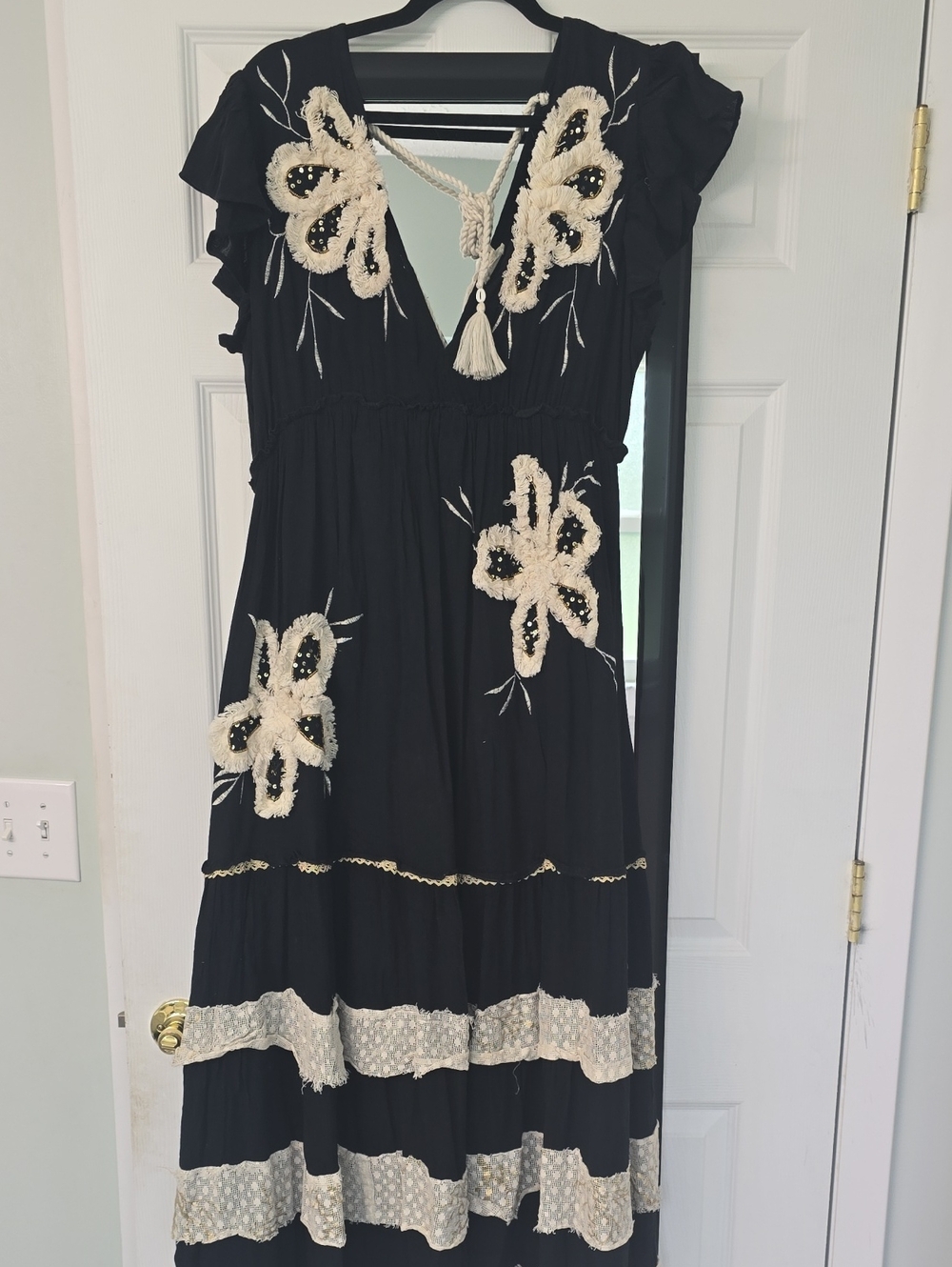 POL Black Maxi Dress with Cream Crochet Floral Appliqué